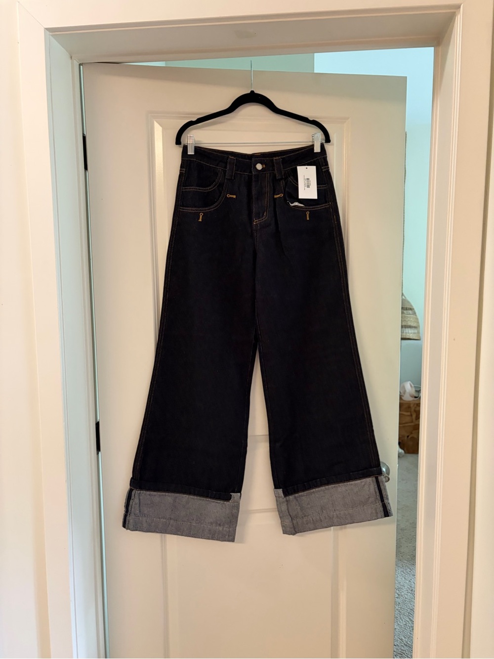 High-Rise Wide Leg Dark Indigo Jeans with Cuffed Hem